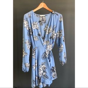Blue & White Floral Print Wrap Dress